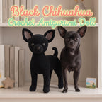 A black crocheted chihuahua amigurumi doll stands on a white shelf next to a real black chihuahua dog. Large decorative text at the top reads 'Black Chihuahua Crochet Amigurumi Doll.