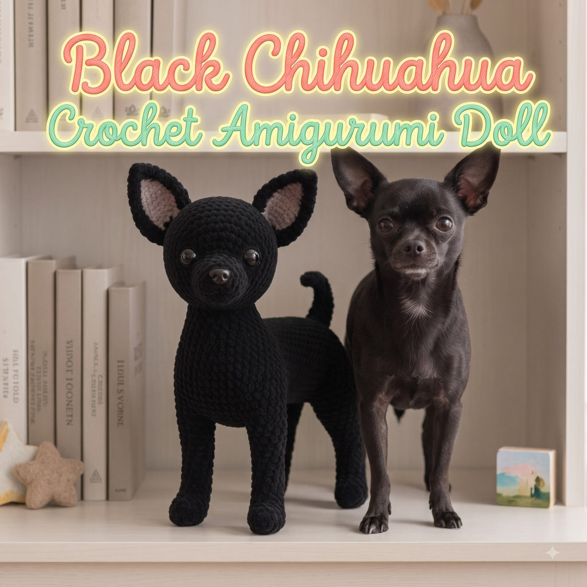 A black crocheted chihuahua amigurumi doll stands on a white shelf next to a real black chihuahua dog. Large decorative text at the top reads 'Black Chihuahua Crochet Amigurumi Doll.