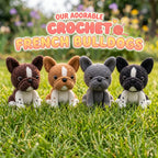 Four handmade crochet French Bulldogs amigurumi plushies in different coat colors sitting on green grass with text reading Our Adorable Crochet French Bulldogs.