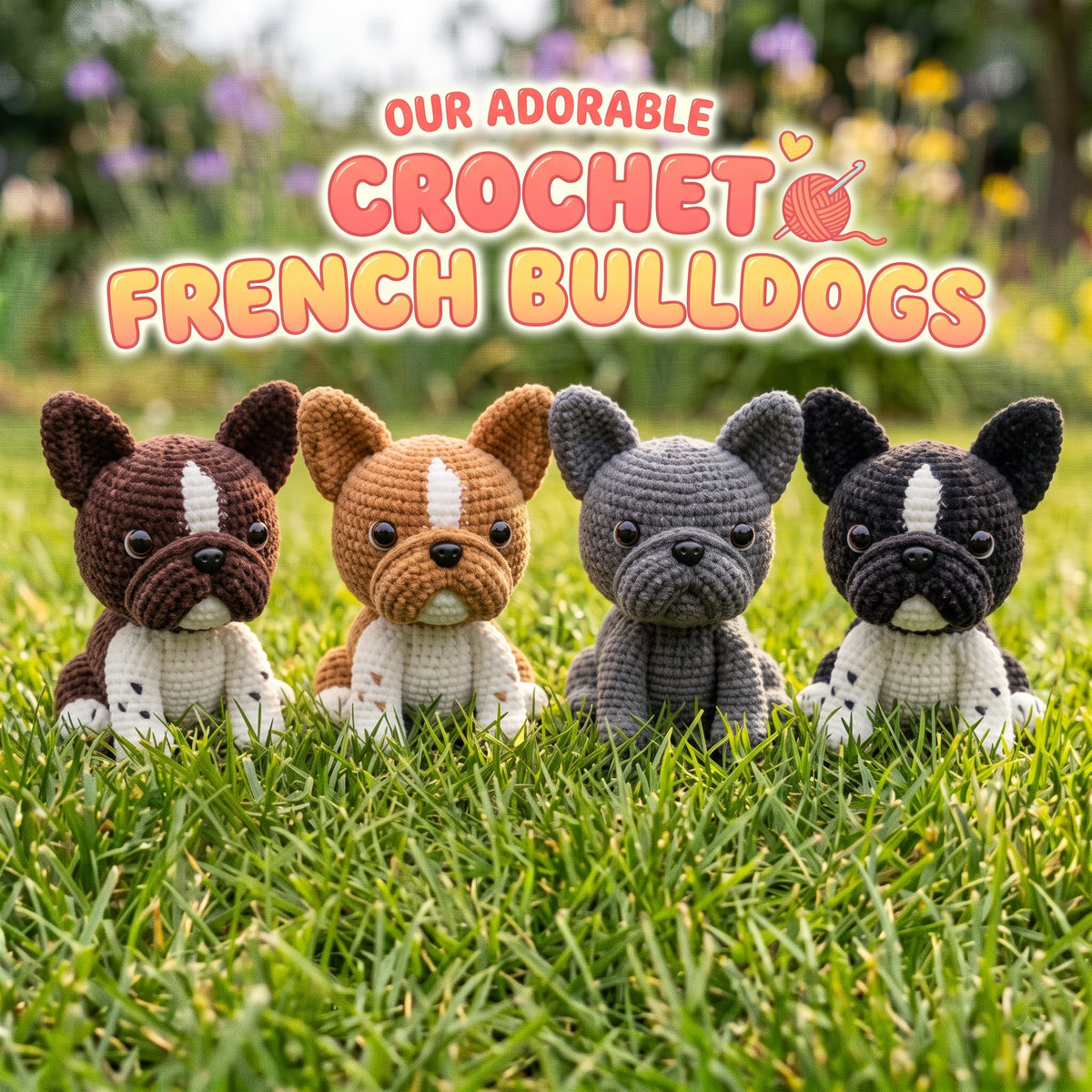 Four handmade crochet French Bulldogs amigurumi plushies in different coat colors sitting on green grass with text reading Our Adorable Crochet French Bulldogs.
