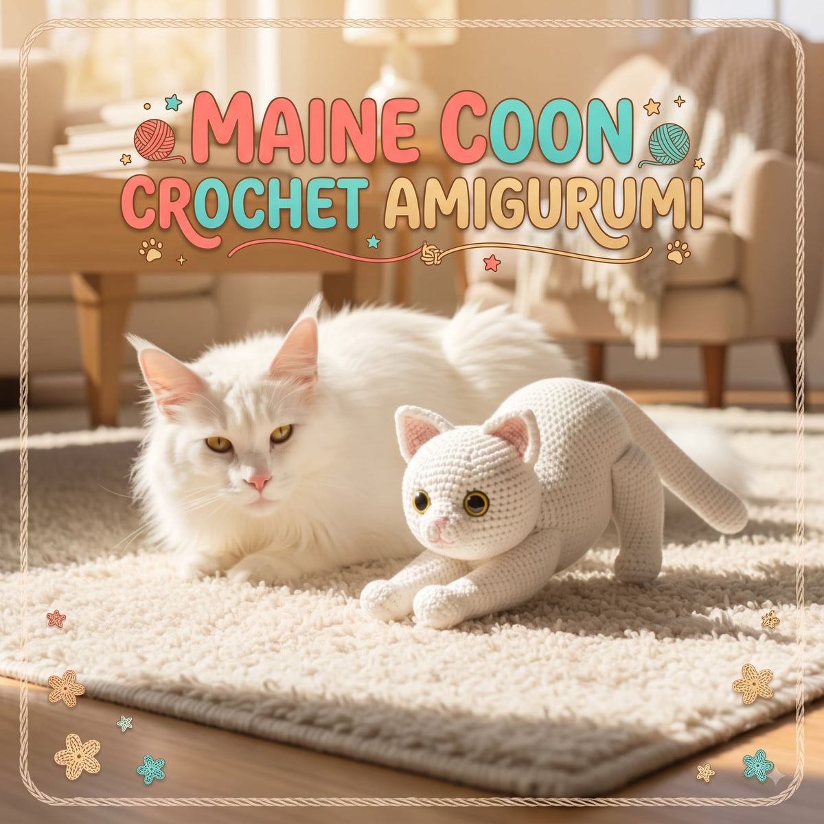 A fluffy white cat lies on a beige rug in a warmly lit living room while a crocheted white cat toy sits beside it. Decorative text at the top reads “Maine Coon Crochet Amigurumi.