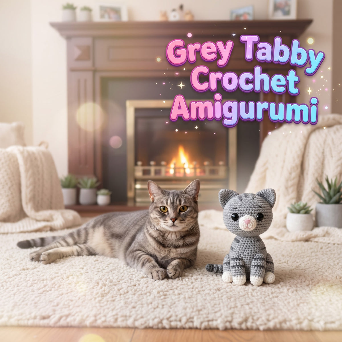 Handmade grey tabby cat crochet amigurumi plush doll sitting next to a real tabby cat in a cozy living room setting with fireplace