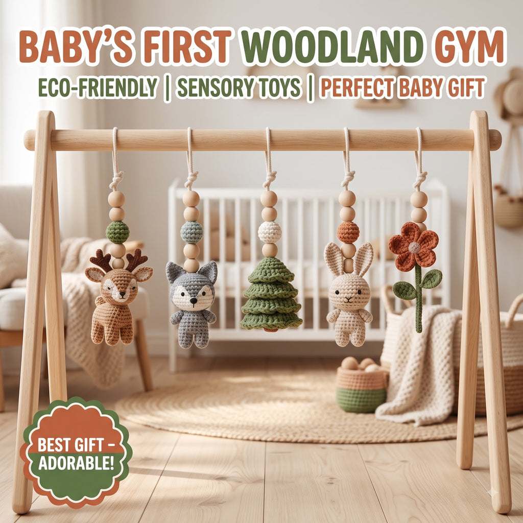 A wooden baby gym with hanging sensory toys in a softly styled nursery. The toy includes a deer, wolf, crocheted tree, bunny, and flower made from wooden beads and crochet fabric.