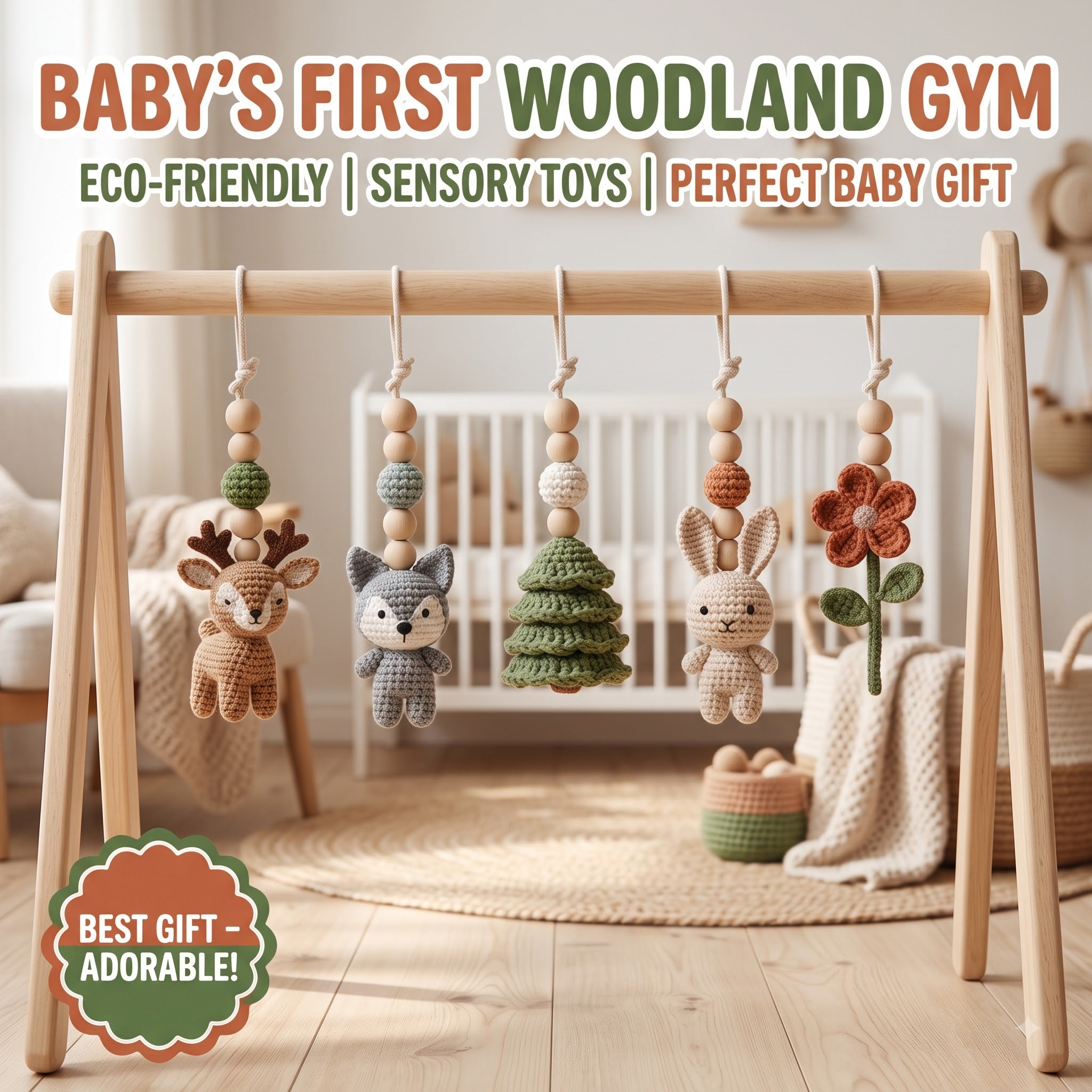 Handmade Custom Woodland Baby Gym, Personalized Wooden Play Gym with Crochet Forest Animals, Montessori Baby Activity Gym, Neutral Nursery Decor