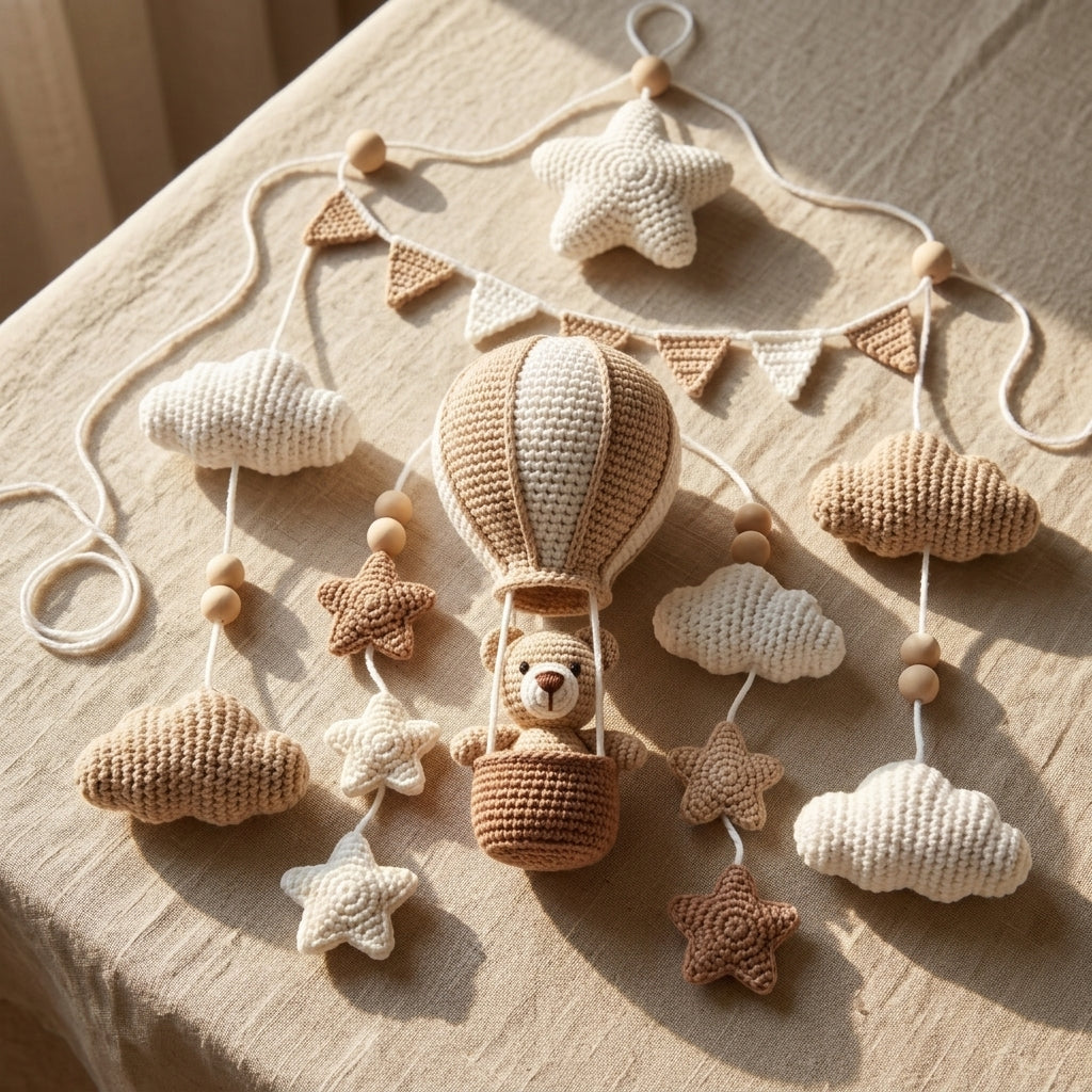 A crocheted baby mobile featuring a hot air balloon with a teddy bear, surrounded by clouds, stars, and wooden beads, displayed on a beige fabric surface.