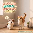 A crocheted amigurumi doll of a calico cat sits on a wooden floor next to a real orange-and-white cat in a sunlit room. Large text at the top reads 'MANX CAT CROCHET AMIGURUMI DOLL,' and a speech bubble near the doll says 'SO CUTE!' with small text at the bottom saying '100% HANDMADE.