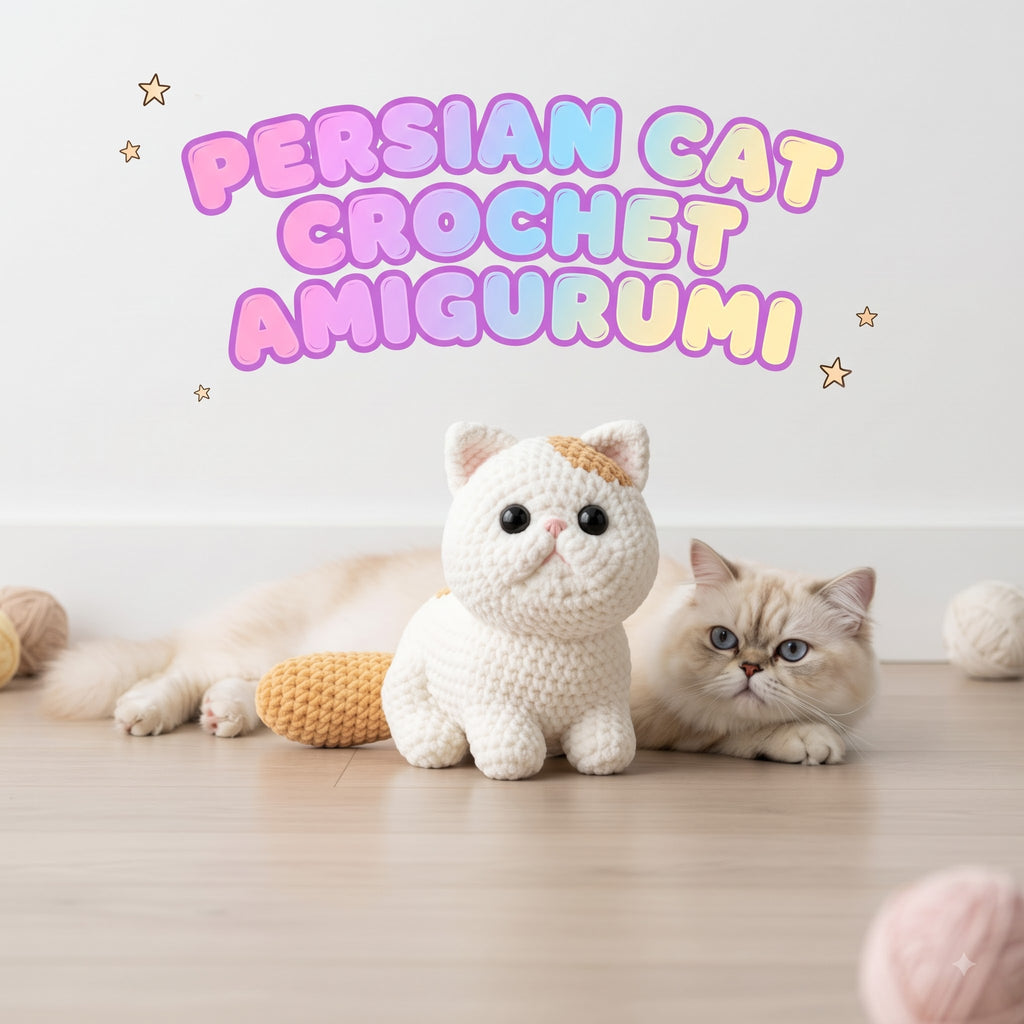 A cream-colored crocheted Persian cat toy sits on a light wood floor next to a real fluffy Persian cat, with colorful text reading 'PERSIAN CAT CROCHET AMIGURUMI' above them.