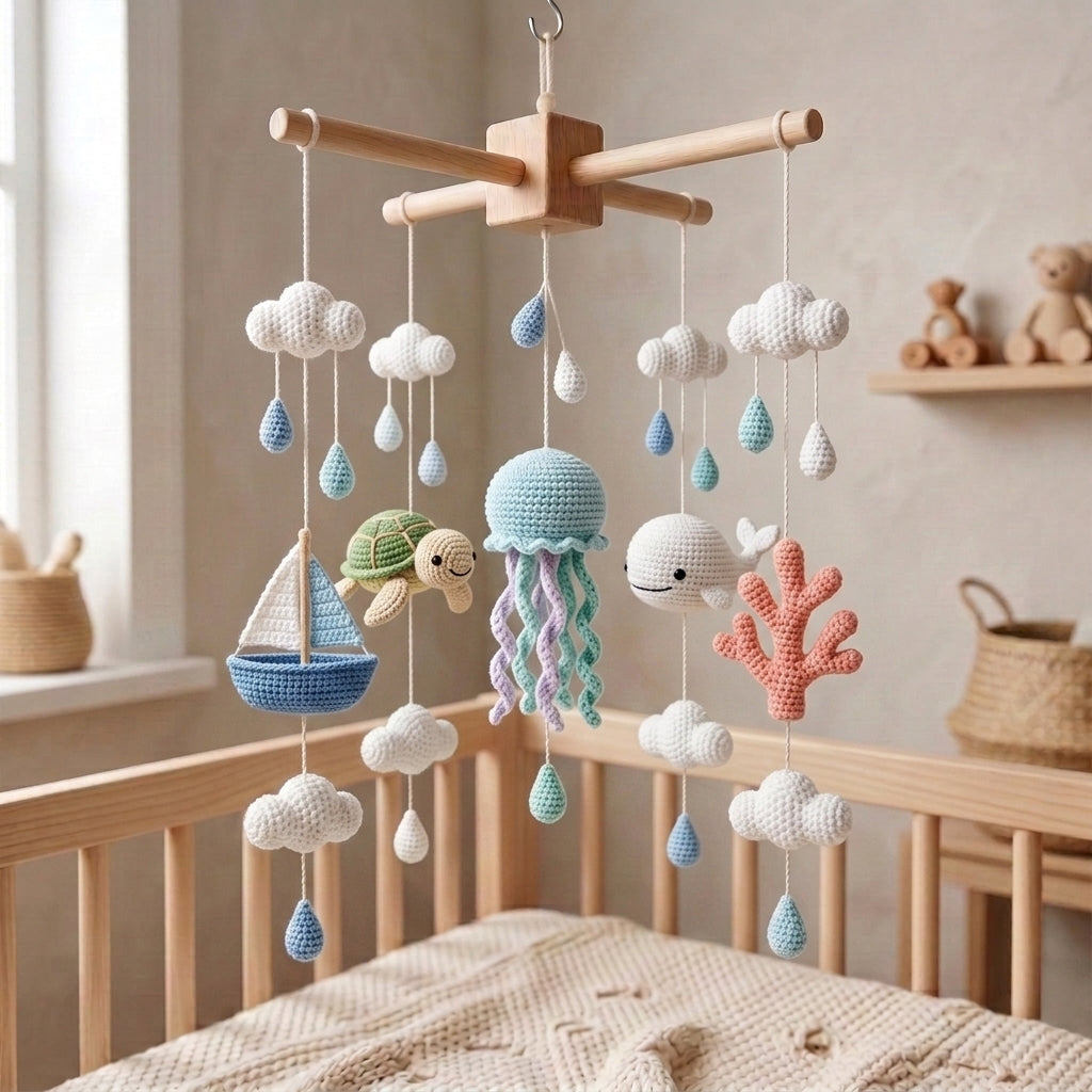 Handmade Crochet Ocean Baby Mobile – Whale, Turtle, Jellyfish & Sailboat Nursery Decor