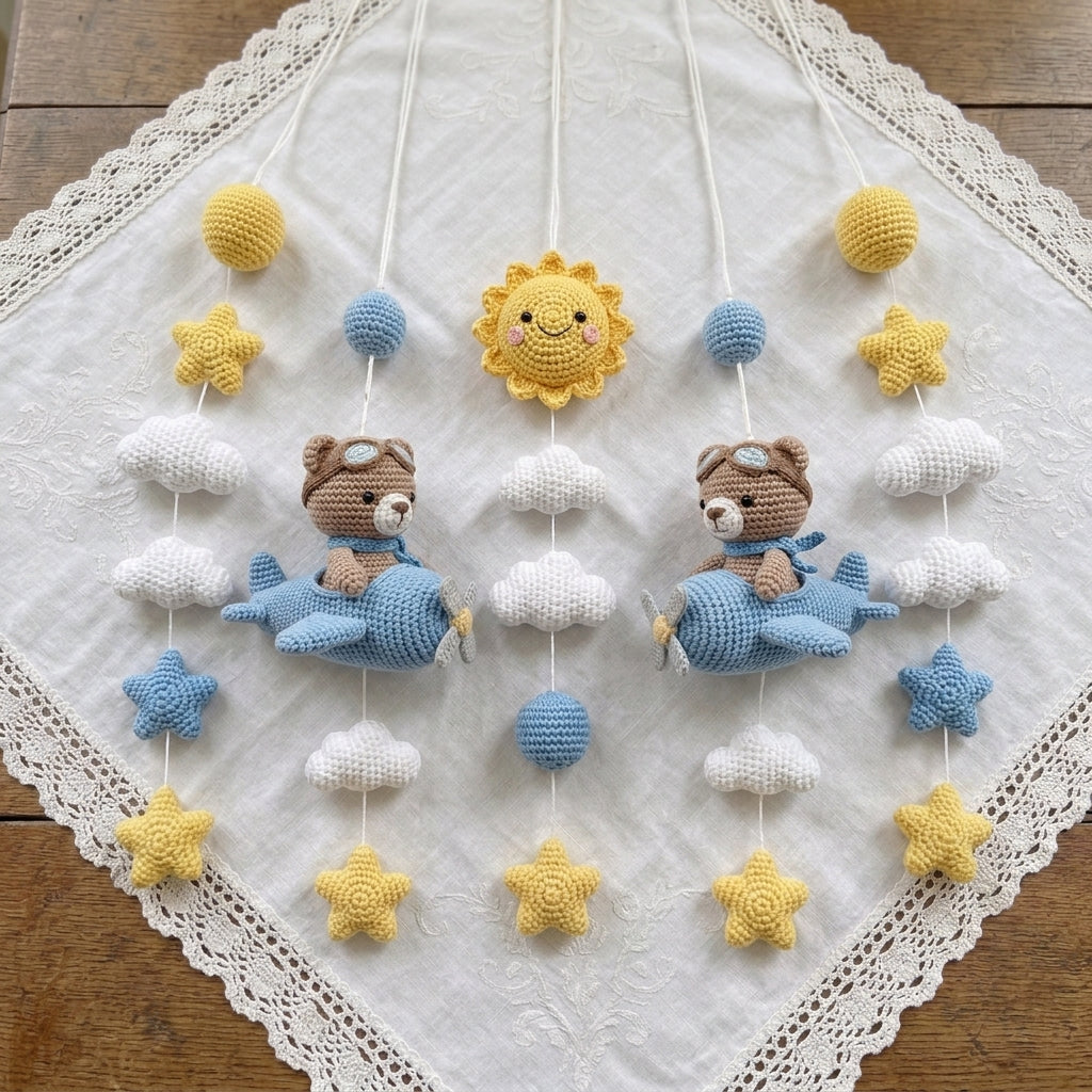 Handmade Crochet Airplane Bear Baby Mobile – Aviation Nursery Decor