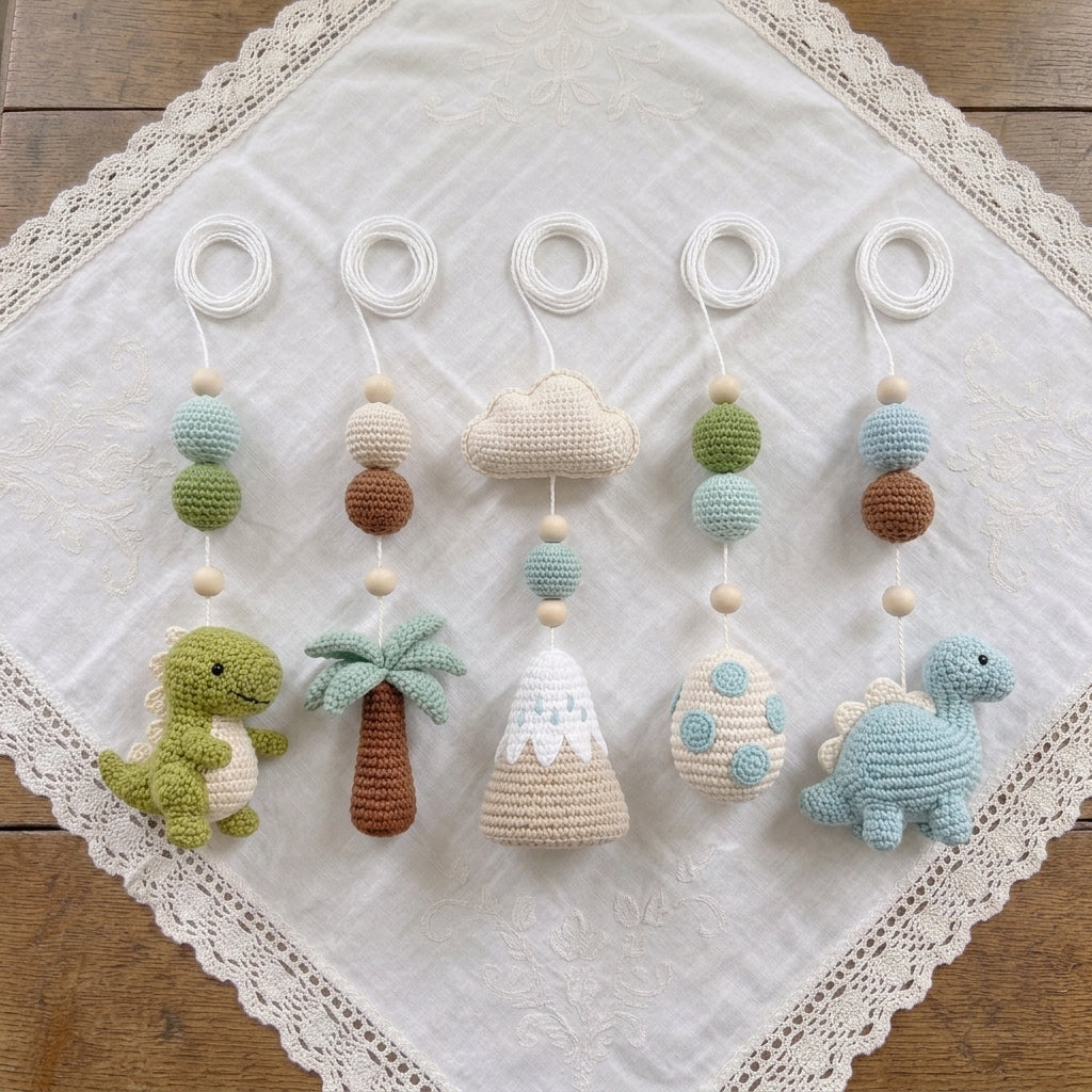 Handmade Crochet Dinosaur Baby Mobile – Prehistoric Nursery Crib Decor