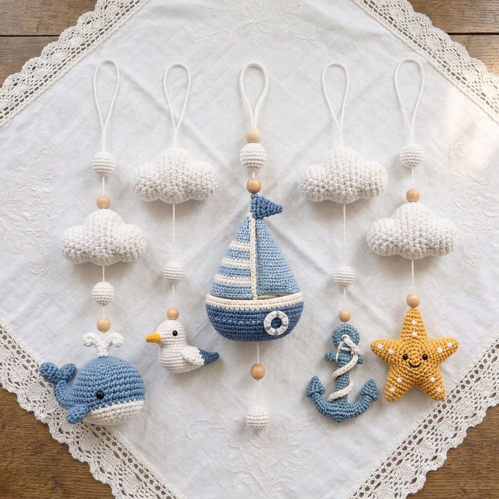 Handmade Crochet Nautical Baby Mobile – Whale, Sailboat and Ocean Nursery Decor