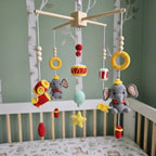 Musical Elephant Parade Crochet Baby Mobile, Handmade Crib Hanging with Drums, Horns and Stars, Playful Nursery Decor
