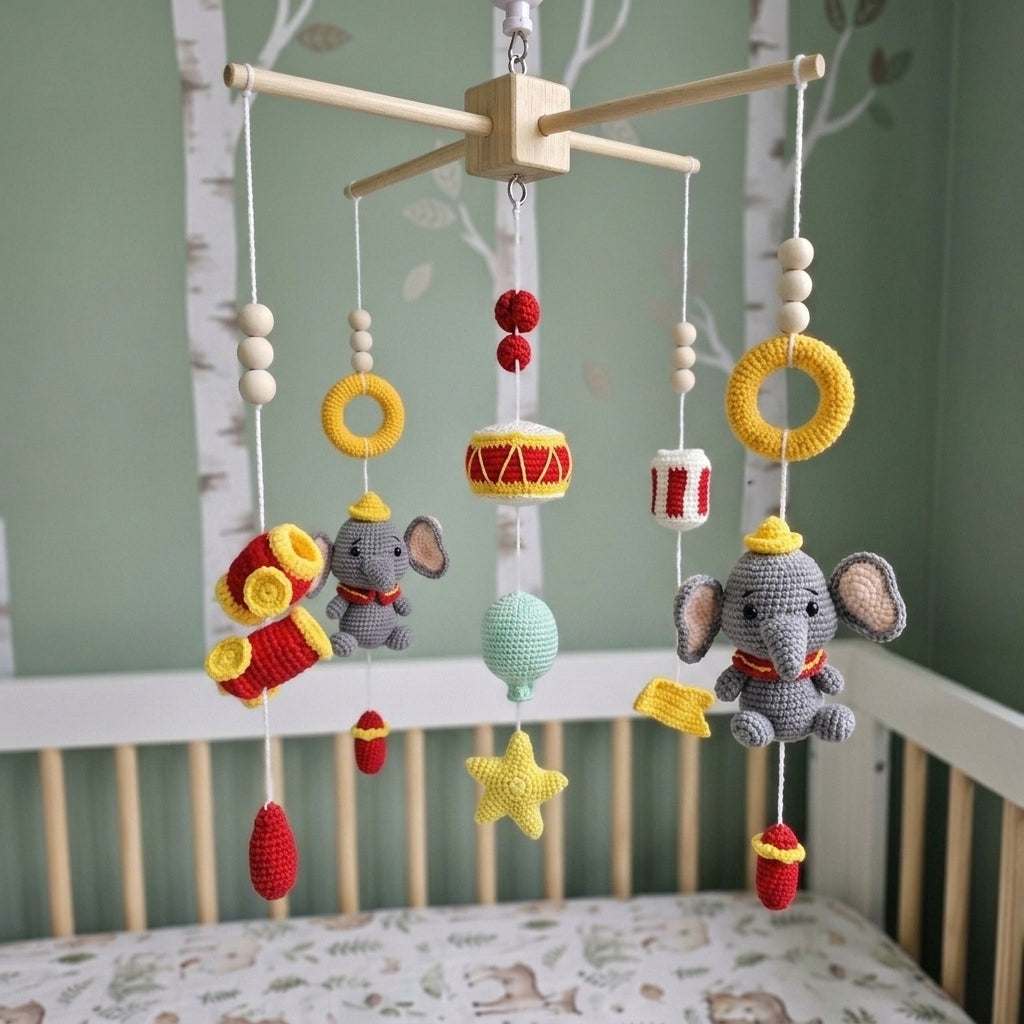 Musical Elephant Parade Crochet Baby Mobile, Handmade Crib Hanging with Drums, Horns and Stars, Playful Nursery Decor