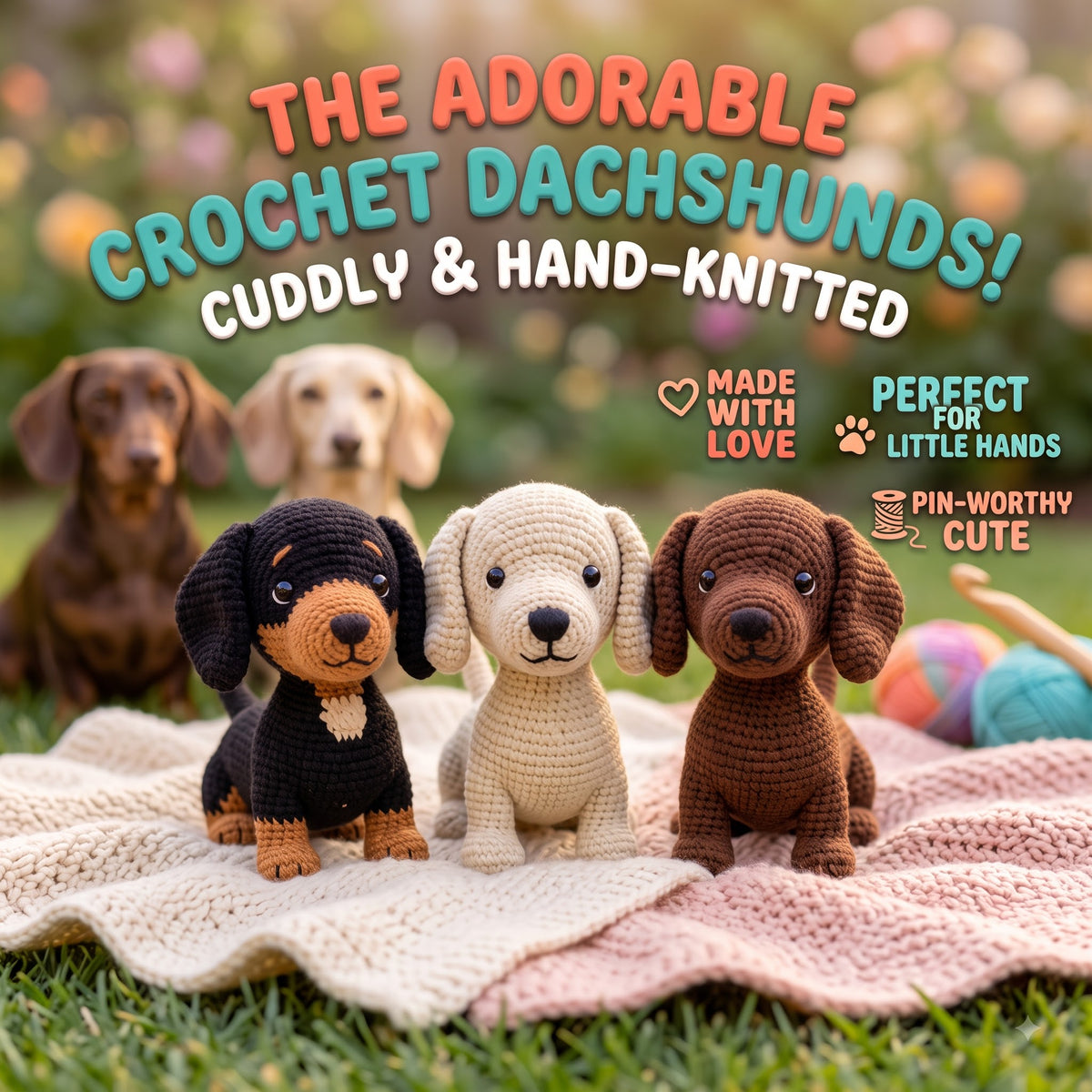 Three crocheted dachshund toys are displayed on a blanket outdoors, with real dachshunds blurred in the background. Large promotional text reads 'The Adorable Crochet Dachshunds! Cuddly & Hand-Knitted' with smaller callouts including 'Made with Love,' 'Perfect for Little Hands,' and 'Pin-Worthy Cute.