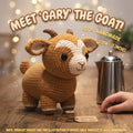 A crocheted goat toy labeled 'Meet 'Gary' the Goat!' sits on a wooden table next to a metal coffee pot, with a human hand entering from the right. Text overlays mention it is 100% handmade, 30cm / 12 inches, and made with love.
