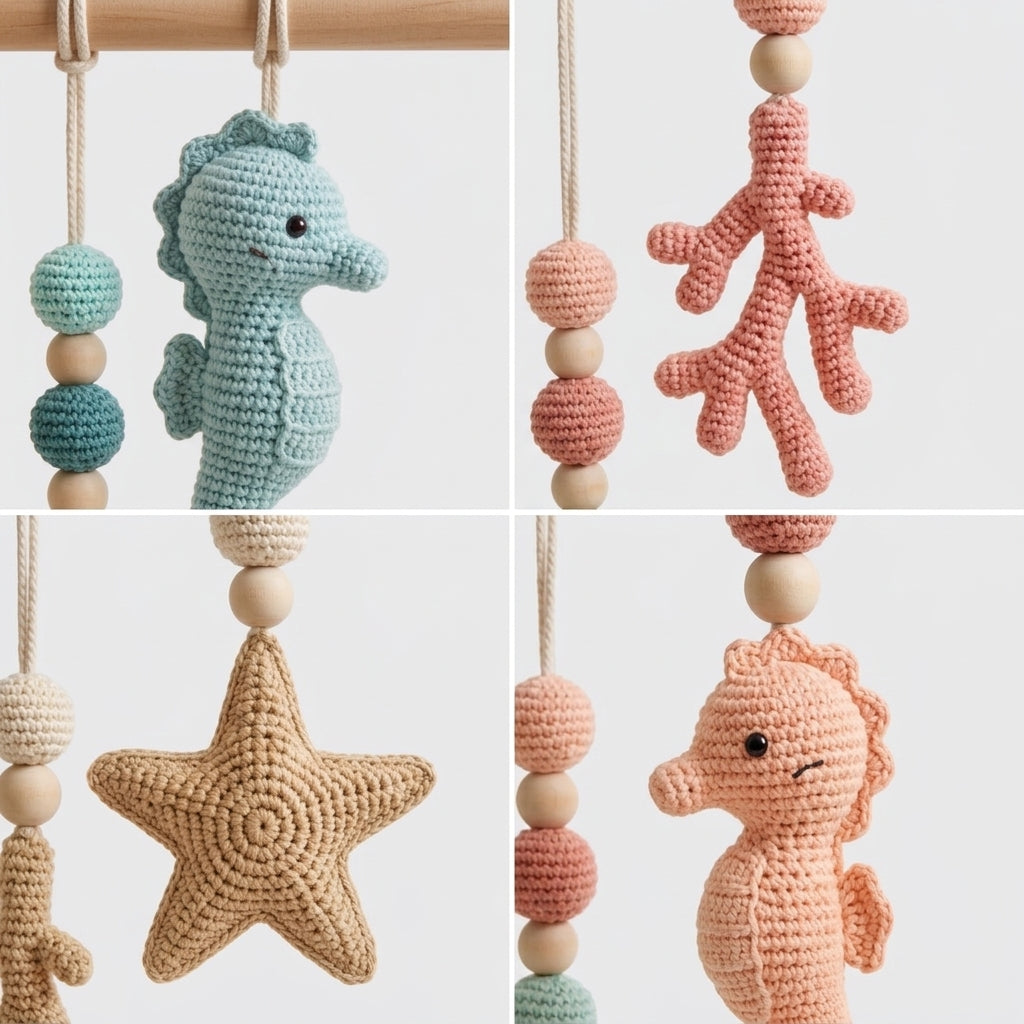 Wooden Baby Gym with Handmade Crochet Oceans– Sea Animal Activity Play Gym