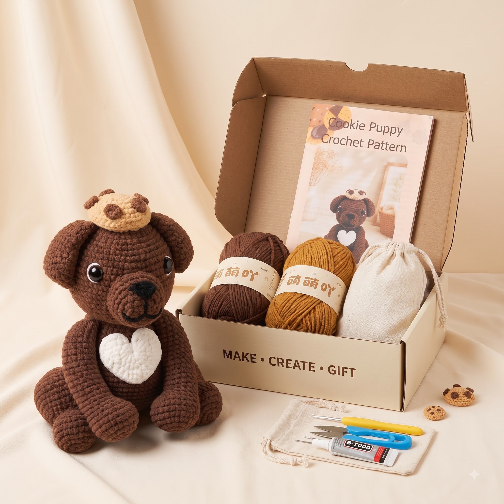 A crocheted puppy toy sits beside an open cardboard gift box containing a crochet pattern booklet, two balls of yarn, a drawstring bag, and small crafting tools on a cream fabric backdrop.