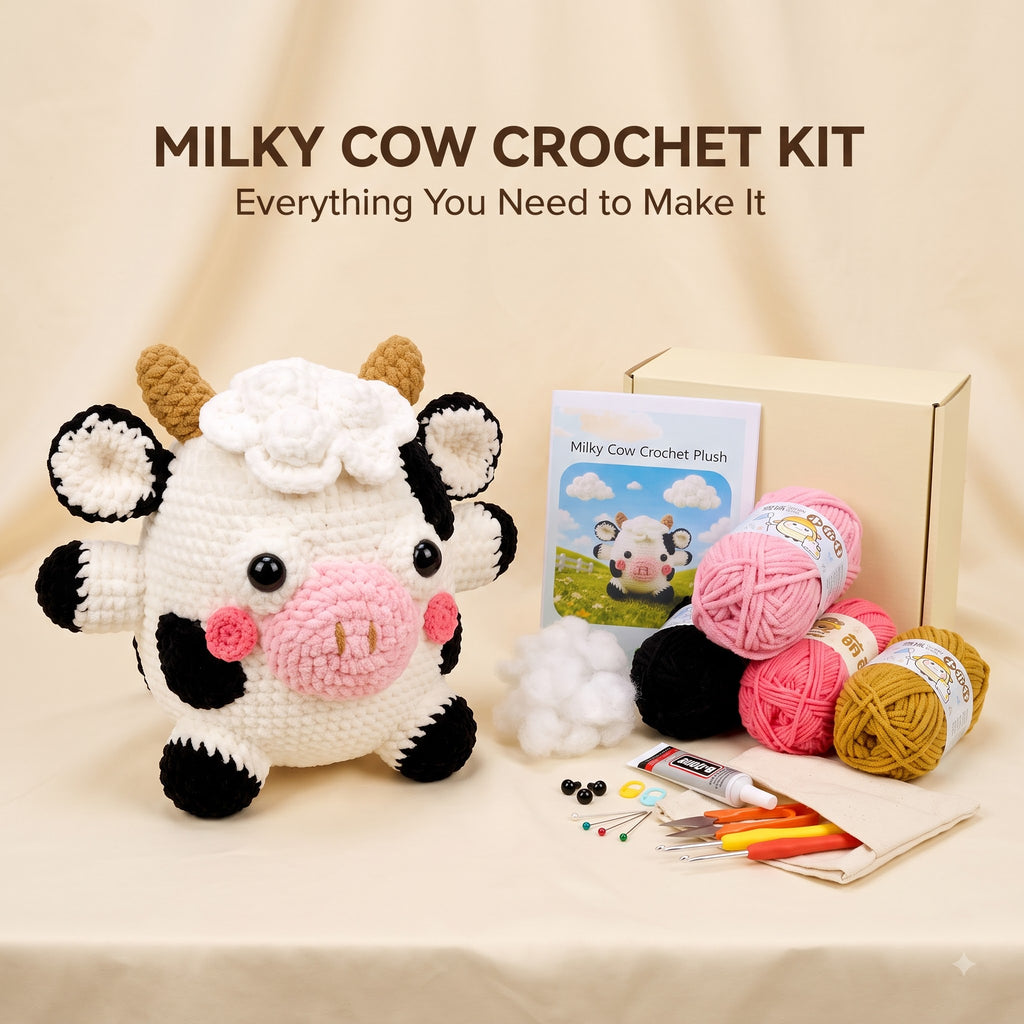 Milky Cow Crochet Kit displayed on a beige fabric background, featuring a crocheted plush cow, yarn balls in pink, black, mustard, and white, crochet hooks, thread, buttons, and a cardboard box with a booklet.