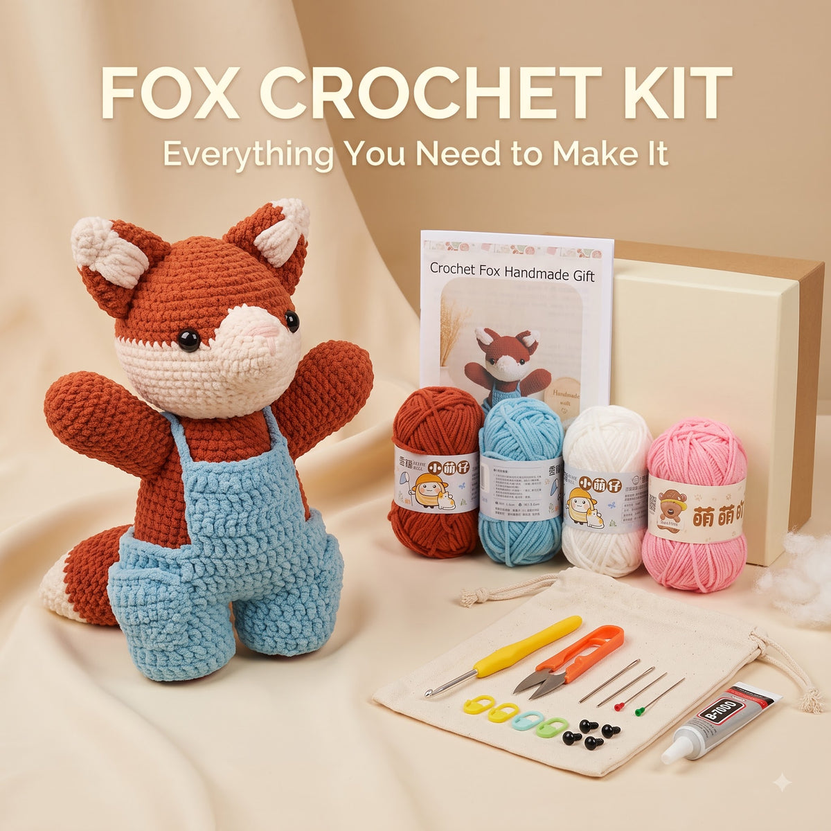A crocheted fox toy in brown and light blue overalls is displayed with a crochet kit set including four balls of yarn in brown, blue, white, and pink, a crochet hook set in a pouch, and a gift box. The text 'FOX CROCHET KIT' is displayed at the top.