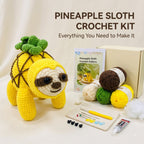 Pineapple sloth crochet kit displayed with a crocheted pineapple sloth toy, yarn balls in yellow, green, brown, and cream, crochet hooks, thread, beads, and a crochet pattern booklet, with text reading 'PINEAPPLE SLOTH CROCHET KIT' and 'Everything You Need to Make It'.