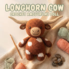 Handmade brown and white longhorn cow crochet amigurumi doll with long curved horns, resting on a cozy knitted blanket with yarn balls and text "Longhorn Cow Crochet Amigurumi Doll".