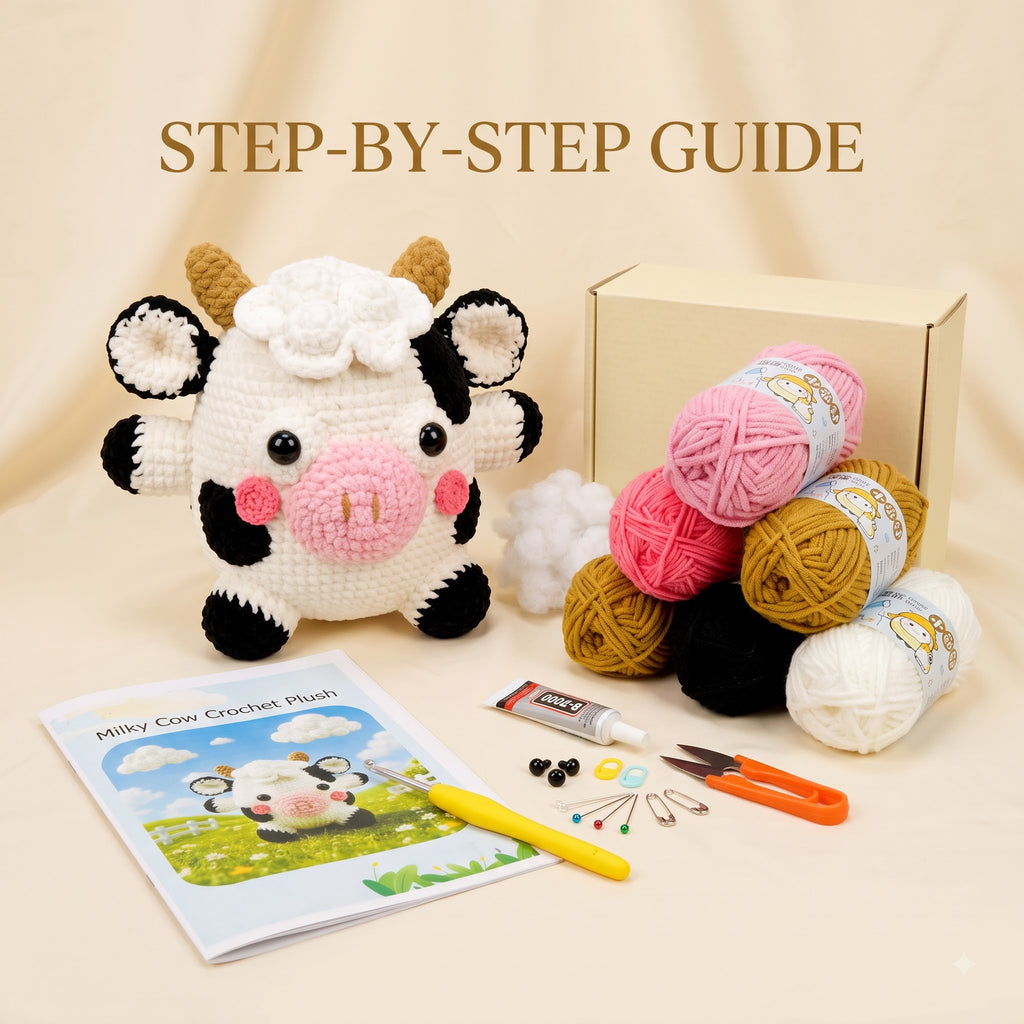 Crochet kit for a milky cow plush shown with a finished white-and-black cow amigurumi toy, balls of yarn in pink, mustard, black, and white, a box, a crochet hook, a booklet labeled 'Milky Cow Crochet Plush,' and other small crafting tools on a beige fabric background. Text at the top reads 'STEP-BY-STEP GUIDE.