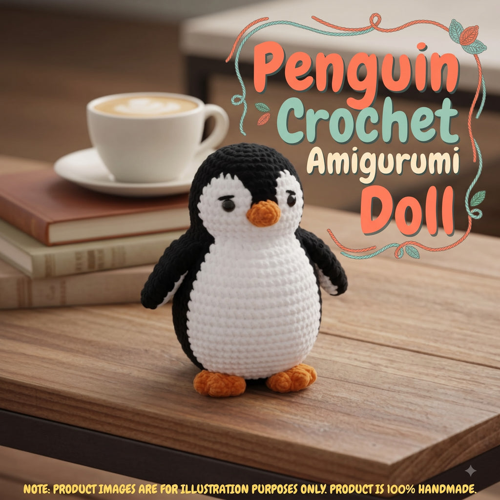 A crocheted penguin doll with a black and white body, orange beak and feet, standing on a wooden table next to a cup of coffee and books. Large text reads 'Penguin Crochet Amigurumi Doll'.