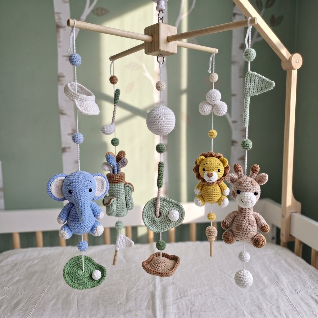 Crochet Golf Safari Baby Mobile, Golf Club Nursery Hanging, Baby Shower Gift for Boy or Girl Room