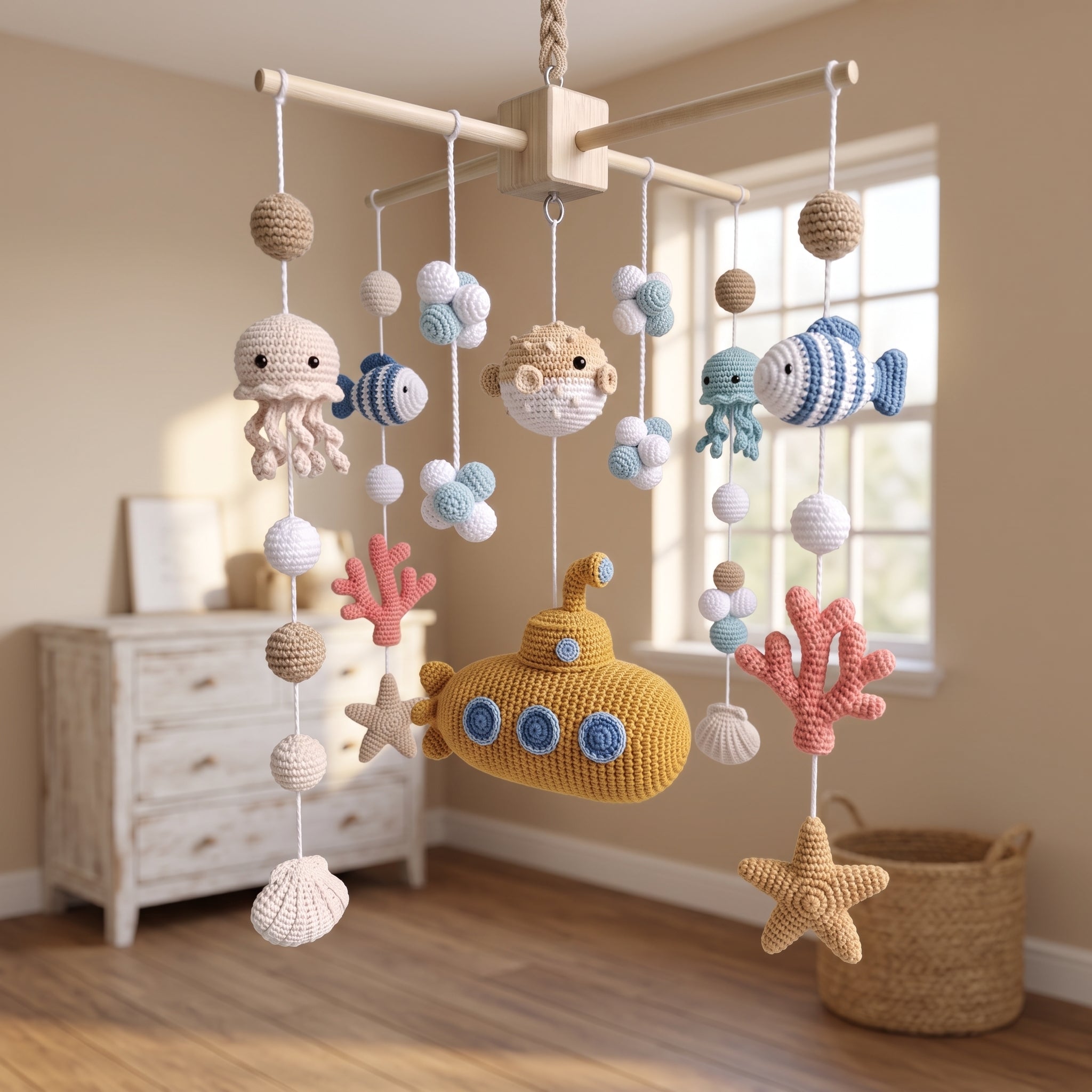 A crocheted baby mobile with ocean-themed shapes including a yellow submarine, blue fish, octopus, starfish, coral, and white shells, hanging from a wooden rod in a softly lit nursery room.