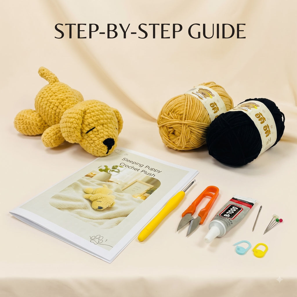 Crocheted puppy kit with a yellow crochet puppy toy, two balls of yarn (one tan, one black), a crochet hook, scissors, glue, ring binder, and a printed step-by-step guide on a beige fabric background with 'STEP-BY-STEP GUIDE' text at the top.