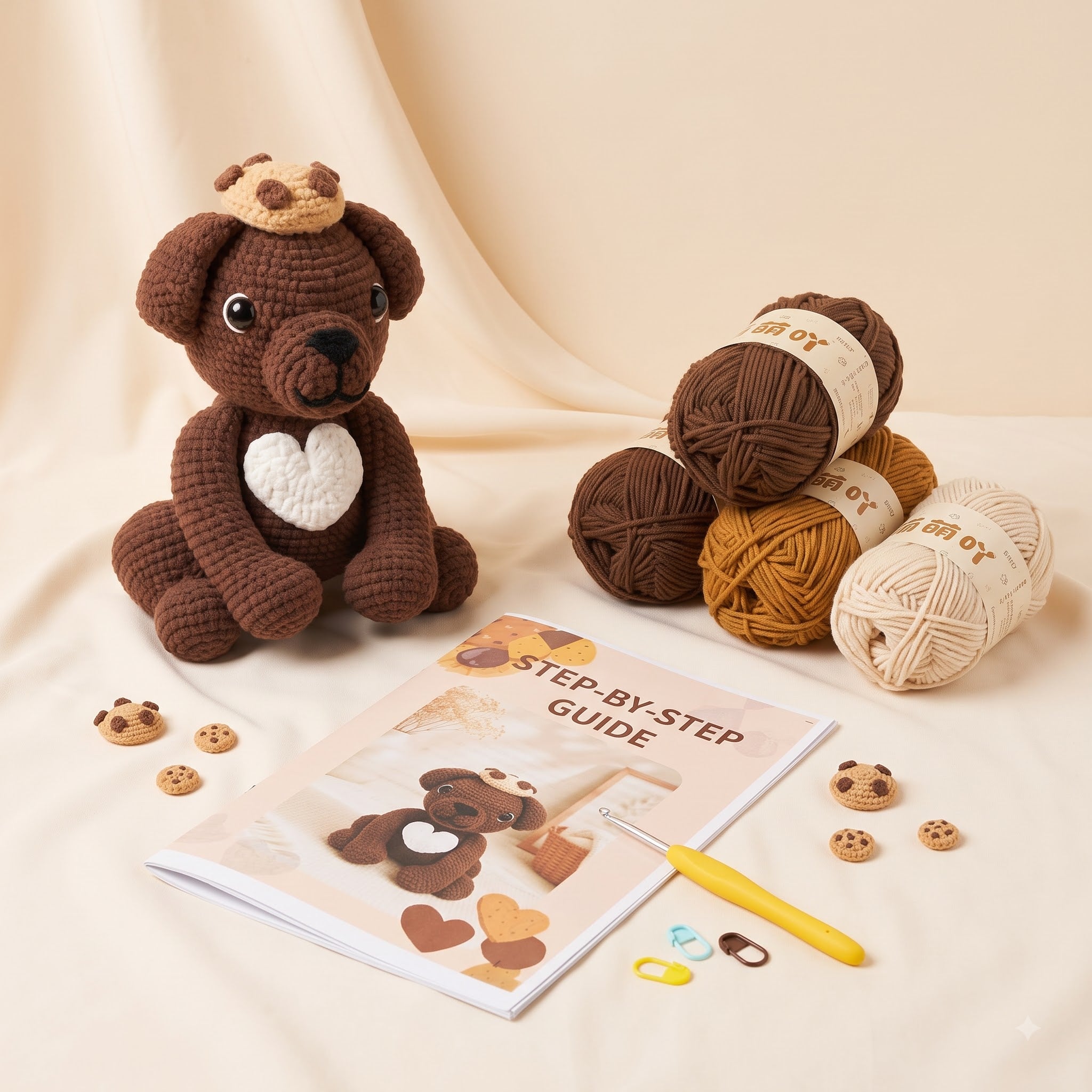 Crocheted dog plush toy in brown yarn with a white heart on the chest, displayed next to yarn balls, a crochet hook, a step-by-step guide booklet, and small cookie charms on a beige fabric background.