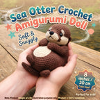 Handmade brown sea otter crochet amigurumi doll with a cream belly resting on hands, featuring "Sea Otter Crochet Amigurumi Doll" and "8 inches / 20 cm Cute Size!" text overlays.