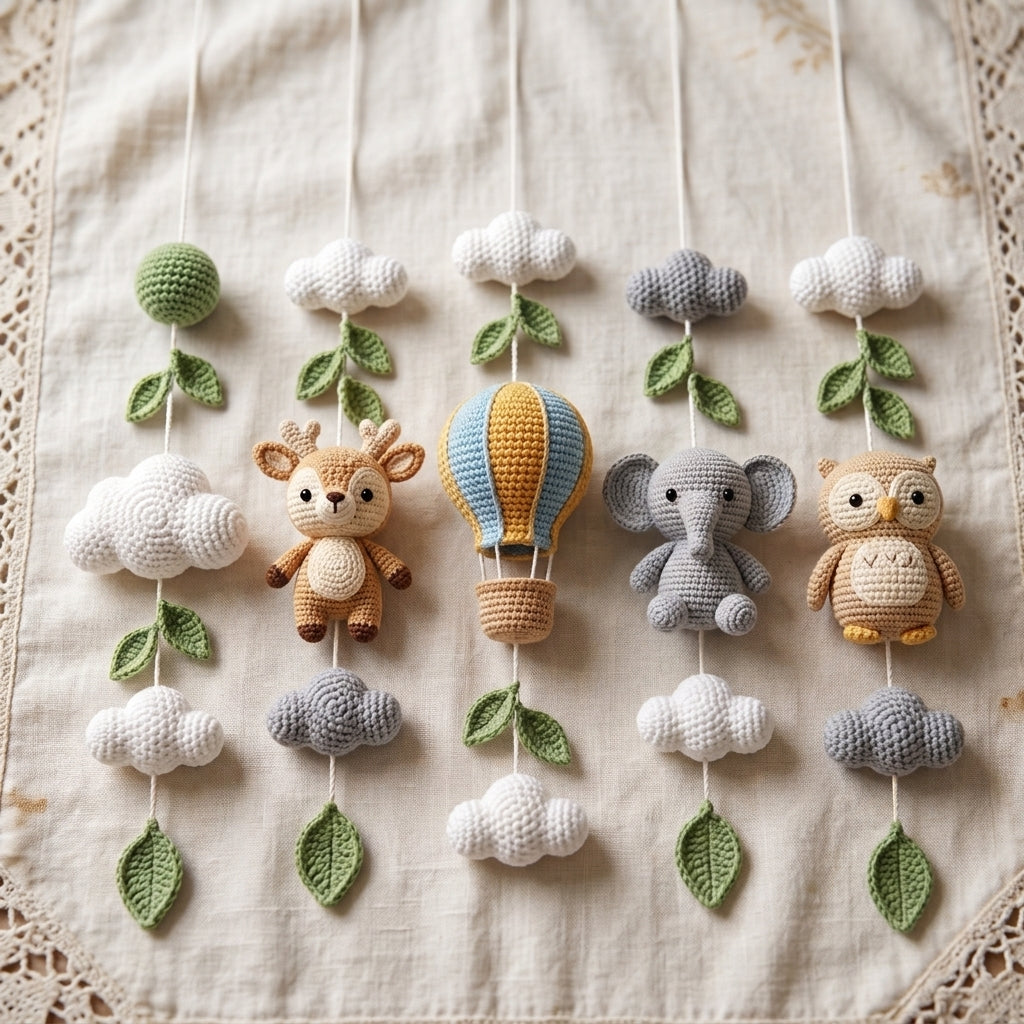 Handmade Crochet Hot Air Balloon Baby Mobile – Deer, Elephant & Owl Nursery Decor