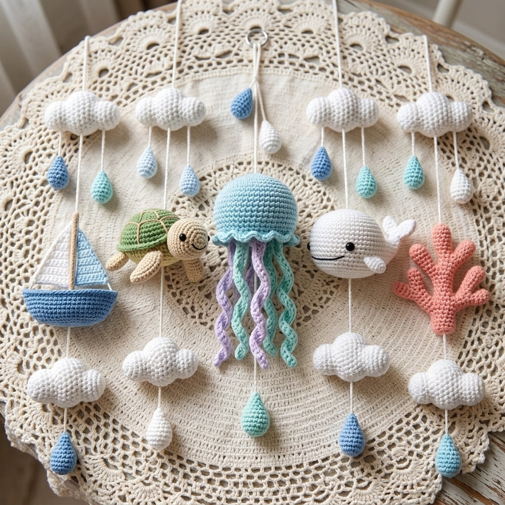 Handmade Crochet Ocean Baby Mobile – Whale, Turtle, Jellyfish & Sailboat Nursery Decor