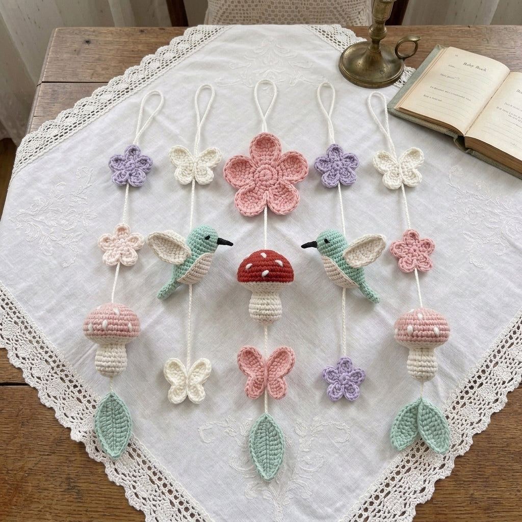 Crochet Mushroom Hummingbird Butterfly Crib Mobile
