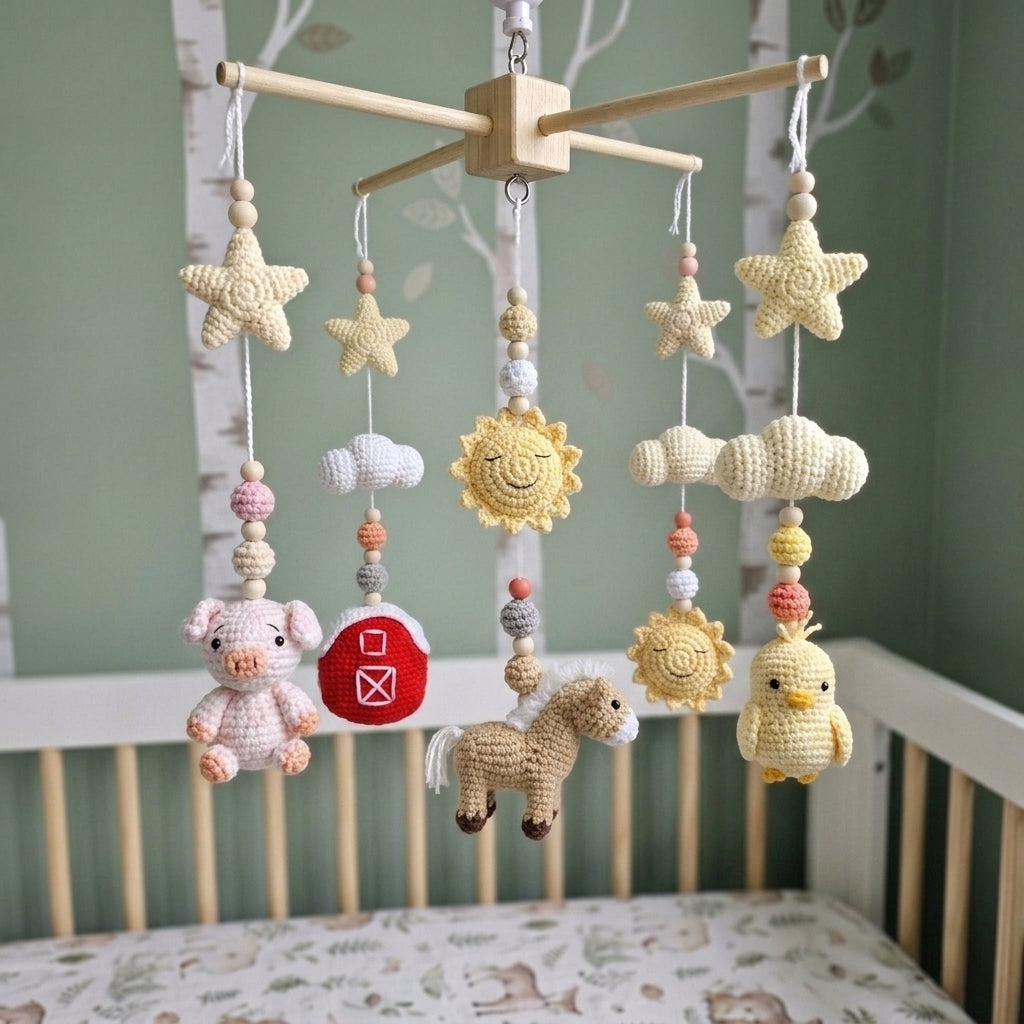 Crochet farm baby mobile with pig, red barn, horse, chick, sun, stars and clouds for nursery decor