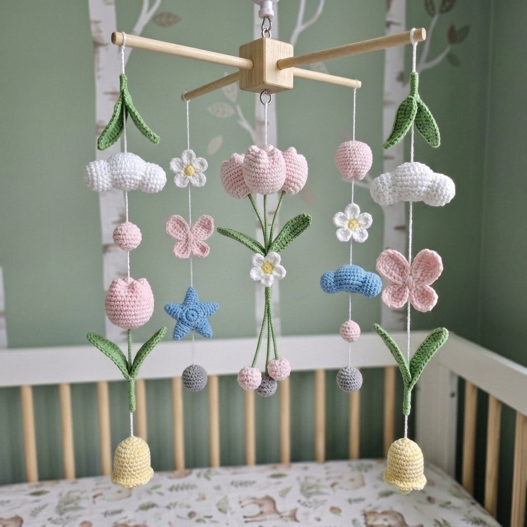 Spring Garden Crochet Crib Mobile, Handmade Floral Nursery Hanging with Tulips, Butterflies and Clouds