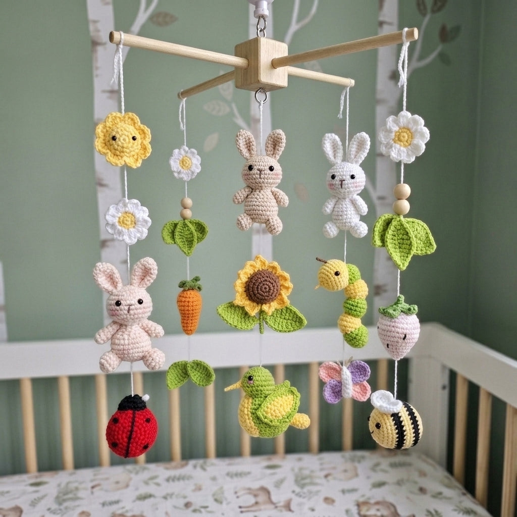 Crochet Garden Baby Mobile, Bunny Bee Ladybug Nursery Decor, Sunflower Butterfly Crib Mobile, Spring Baby Shower Gift, Newborn Decor