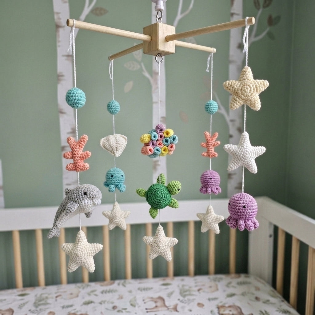 Coral Reef Crochet Baby Mobile, Handmade Underwater Crib Hanging with Turtle, Octopus, Dolphin and Starfish