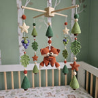 Cuddling Foxes Crochet Baby Mobile, Handmade Woodland Crib Hanging with Pine Trees, Oak Leaves and Berries