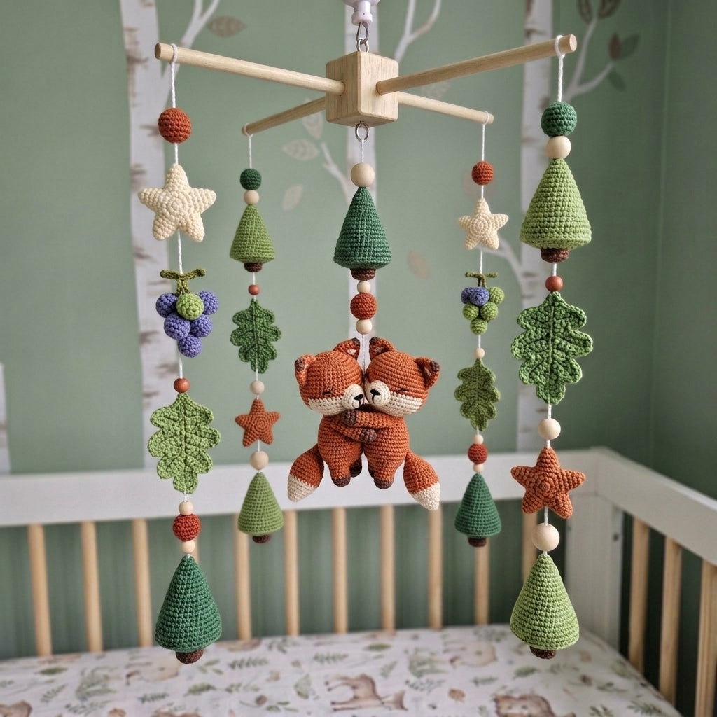 Cuddling Foxes Crochet Baby Mobile, Handmade Woodland Crib Hanging with Pine Trees, Oak Leaves and Berries