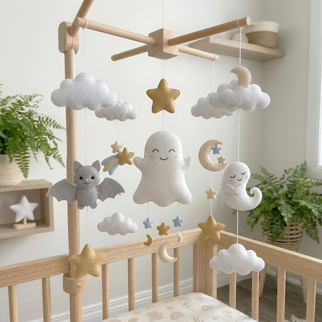 Felt Ghost Baby Mobile, Cute Bat Moon Stars Clouds Nursery Crib Decor