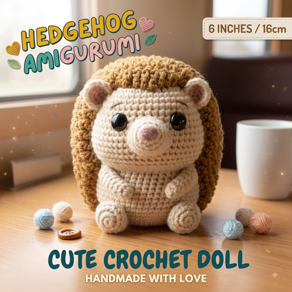 A crocheted hedgehog doll sits on a wooden table in a warm indoor setting, with yarn balls, a mug, and a window in the background. Text overlays read 'HEDGEHOG AMIGURUMI', '6 INCHES / 16cm', and 'CUTE CROCHET DOLL HANDMADE WITH LOVE'.