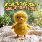 Yellow crocheted duckling amigurumi doll standing on a cream knit blanket with a blurred green garden background and string lights. Large text at the top reads 'DUCKLING CROCHET AMIGURUMI DOLL' with a small size label below the doll reading '10 INCHES 25cm'.