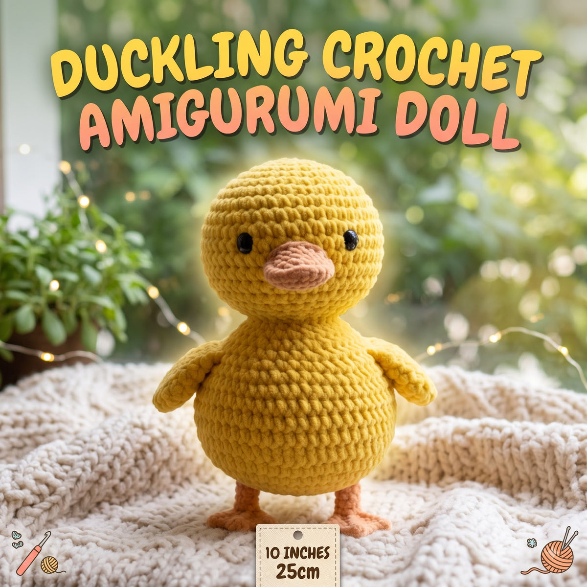 Yellow crocheted duckling amigurumi doll standing on a cream knit blanket with a blurred green garden background and string lights. Large text at the top reads 'DUCKLING CROCHET AMIGURUMI DOLL' with a small size label below the doll reading '10 INCHES 25cm'.