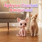 A pink crocheted cat amigurumi toy sits on a wooden floor next to a real cat in a living room setting, with a gray sofa in the background and the text 'Sphynx Crochet Amigurumi' at the top.