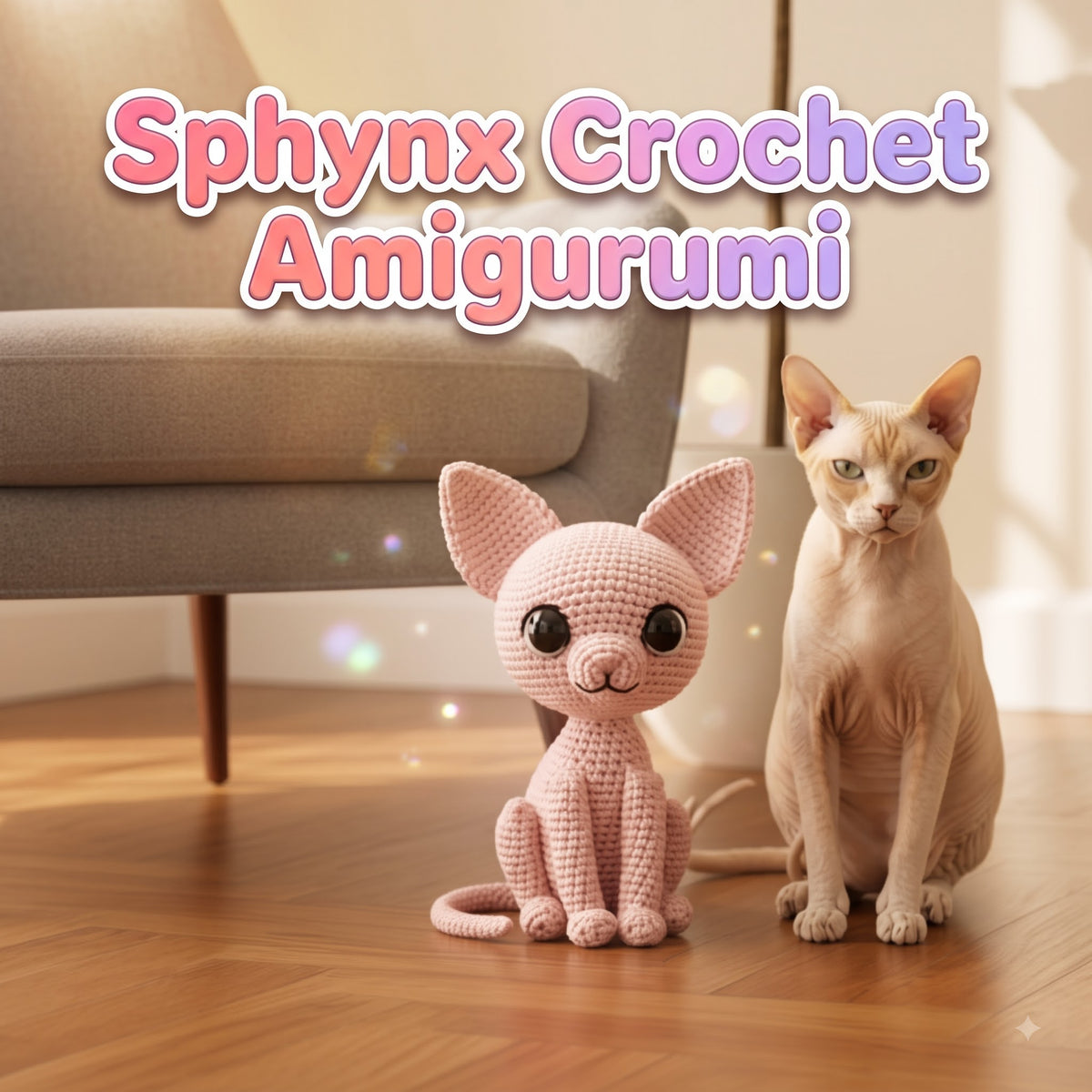 A pink crocheted cat amigurumi toy sits on a wooden floor next to a real cat in a living room setting, with a gray sofa in the background and the text 'Sphynx Crochet Amigurumi' at the top.