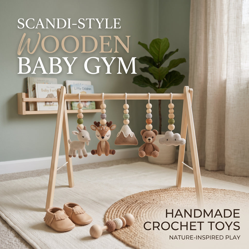 Handmade Custom Baby Gym, Wooden Montessori Play Gym with Crochet Forest Animals, Neutral Nursery Decor, Baby Shower Gift