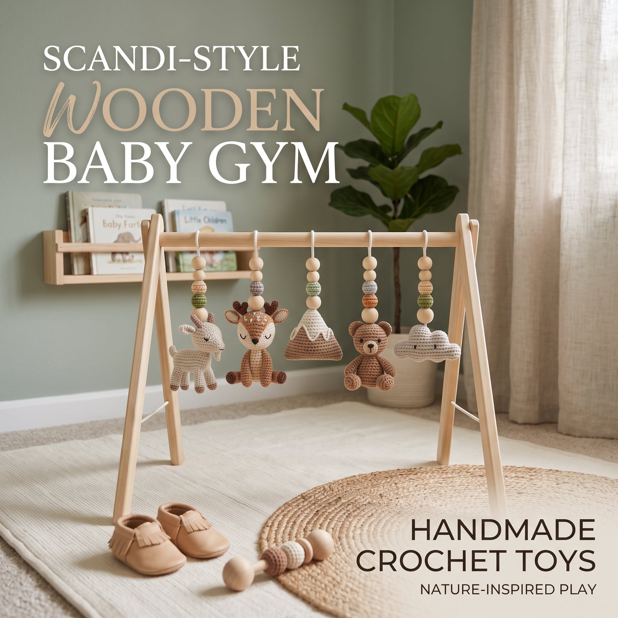 Handmade Custom Baby Gym, Wooden Montessori Play Gym with Crochet Forest Animals, Neutral Nursery Decor, Baby Shower Gift