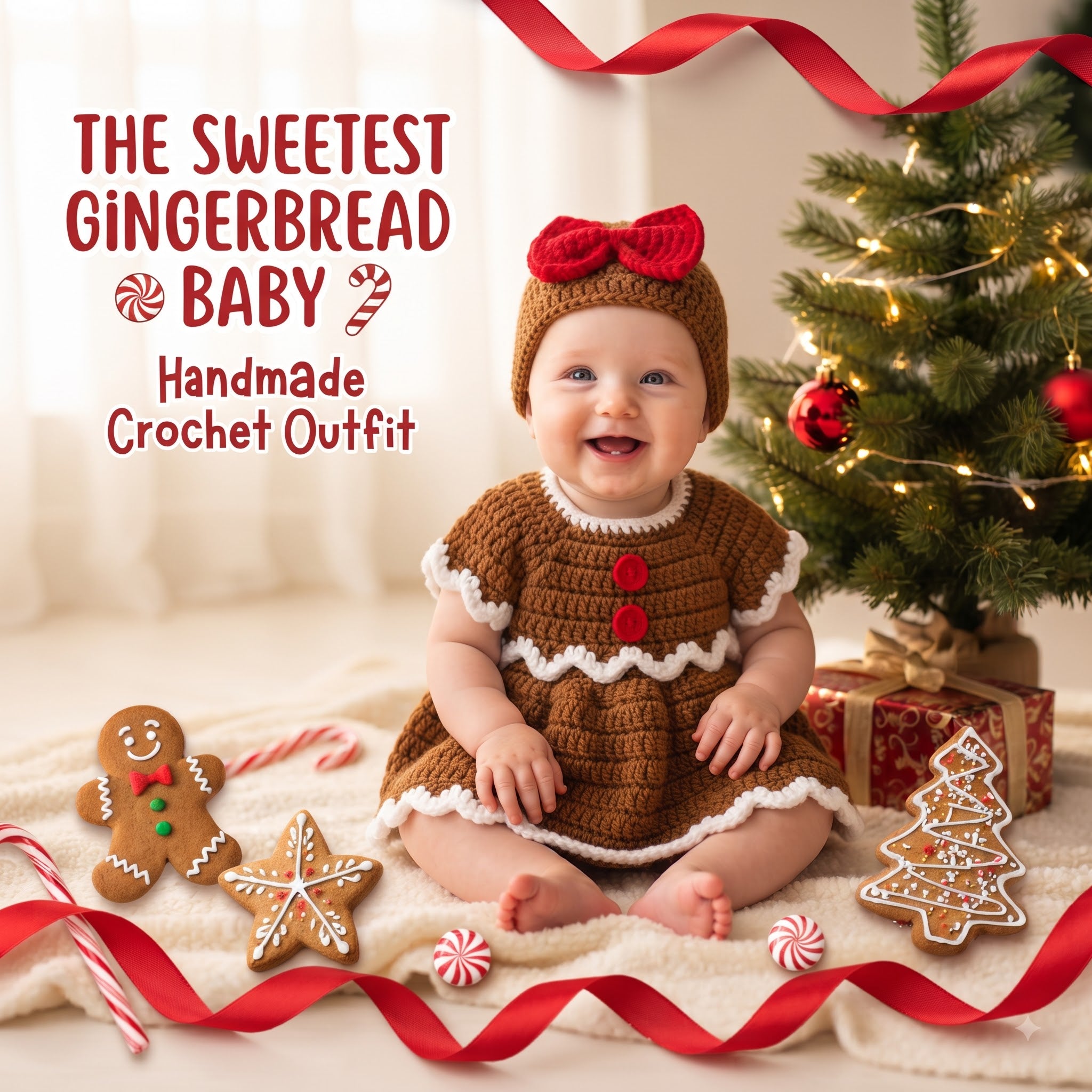 Crochet Gingerbread Baby Dress and Hat Set, Handmade Christmas Outfit, Newborn Photo Prop, First Christmas Gift for Baby Girl